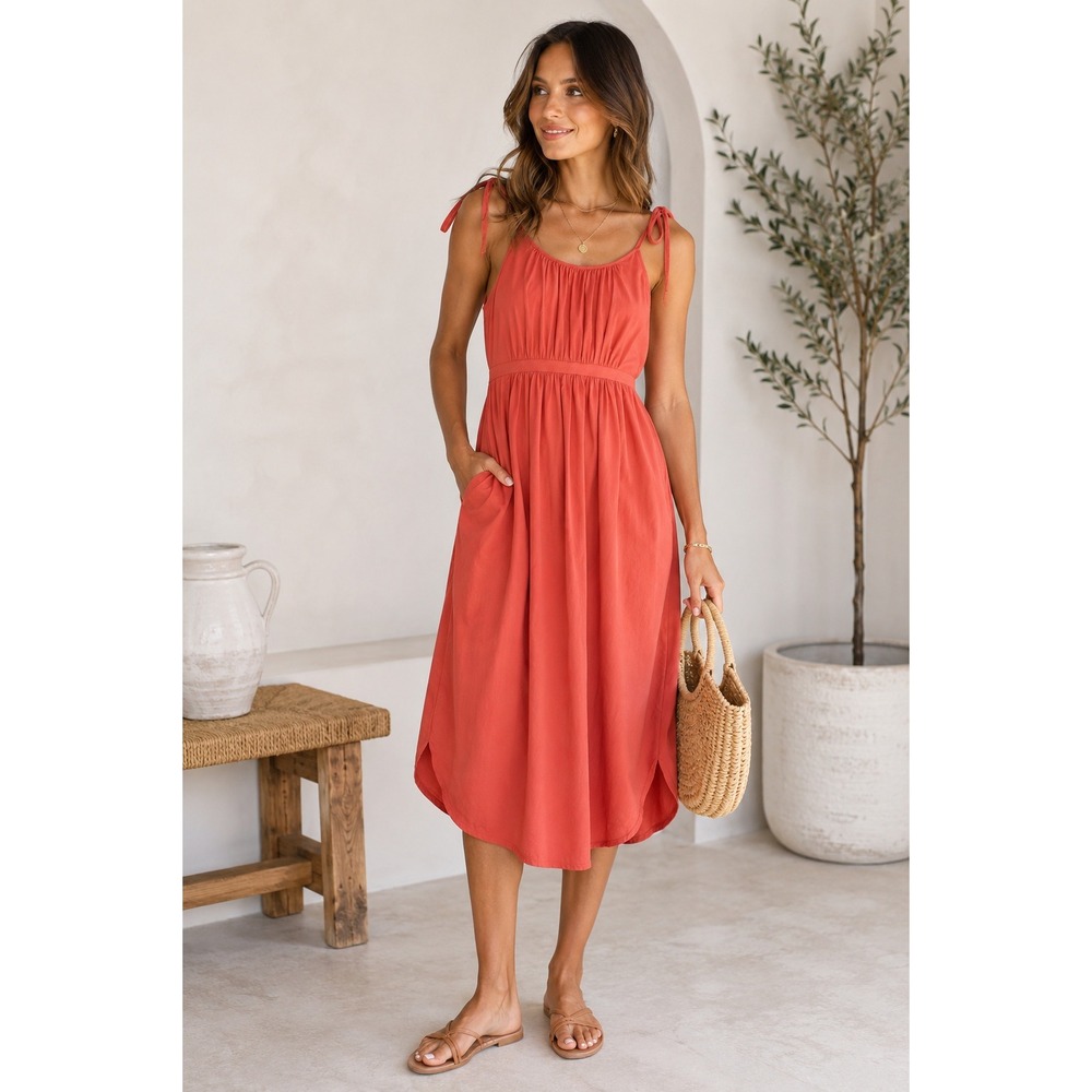 100% Silk Coral Midi Dress Madewell Tie Straps Pockets‎ Size 4